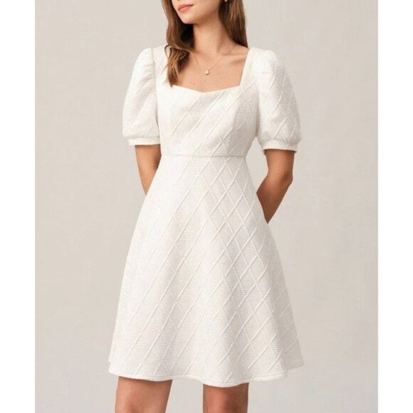 Rihoas Women's Off White Poly The Argyle Embossed Mini Dress Puff Sleeve Size L - Picture 1 of 11